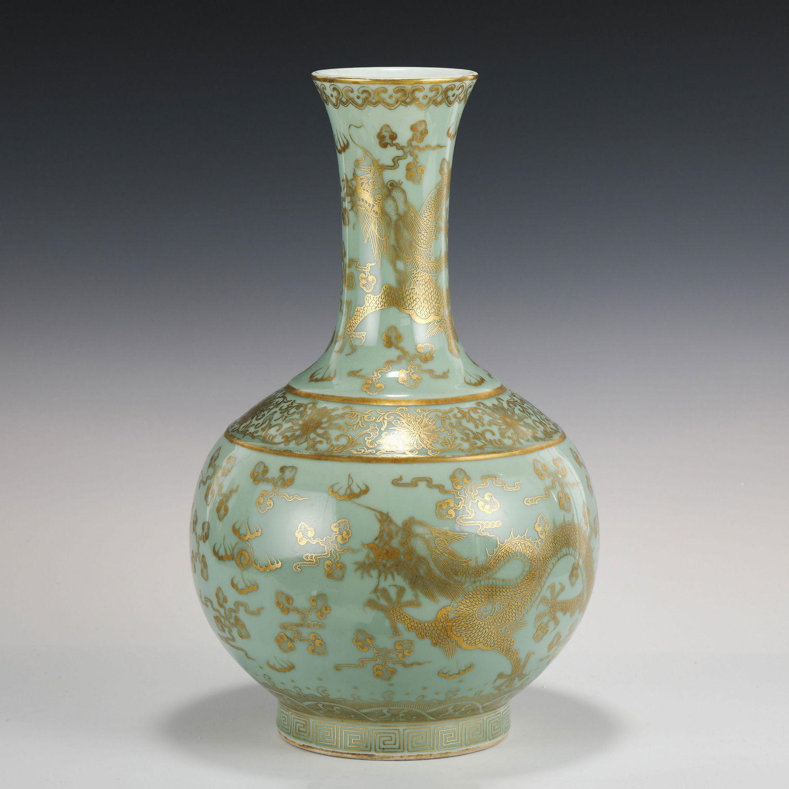 CELADON GLAZED GILT OVERGLAZED DETAIL DRAGON MOTIF VASE (1 of 7)