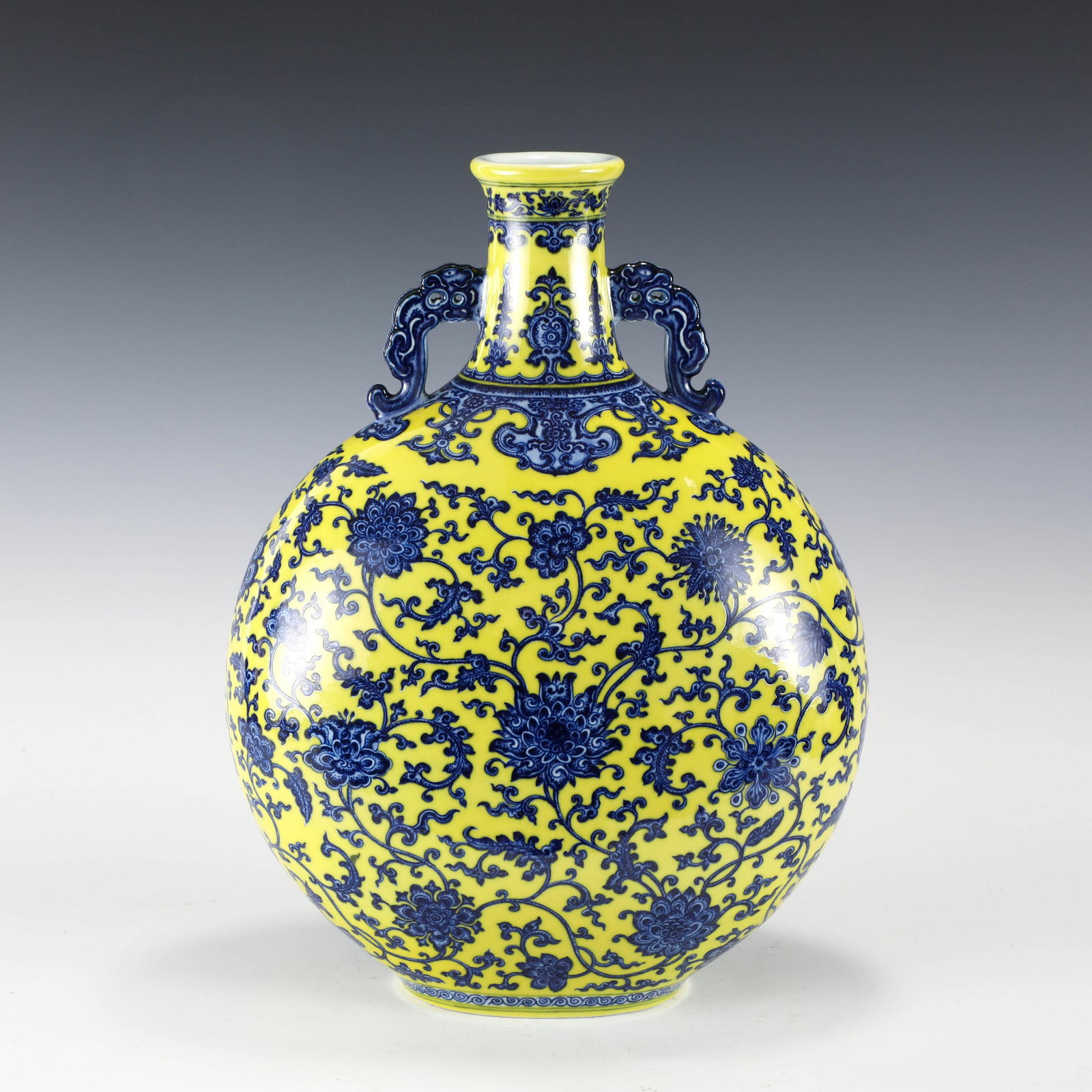 CHINESE QIANLONG BLUE & WHITE YELLOW GLAZED MOON VASE (1 of 10)