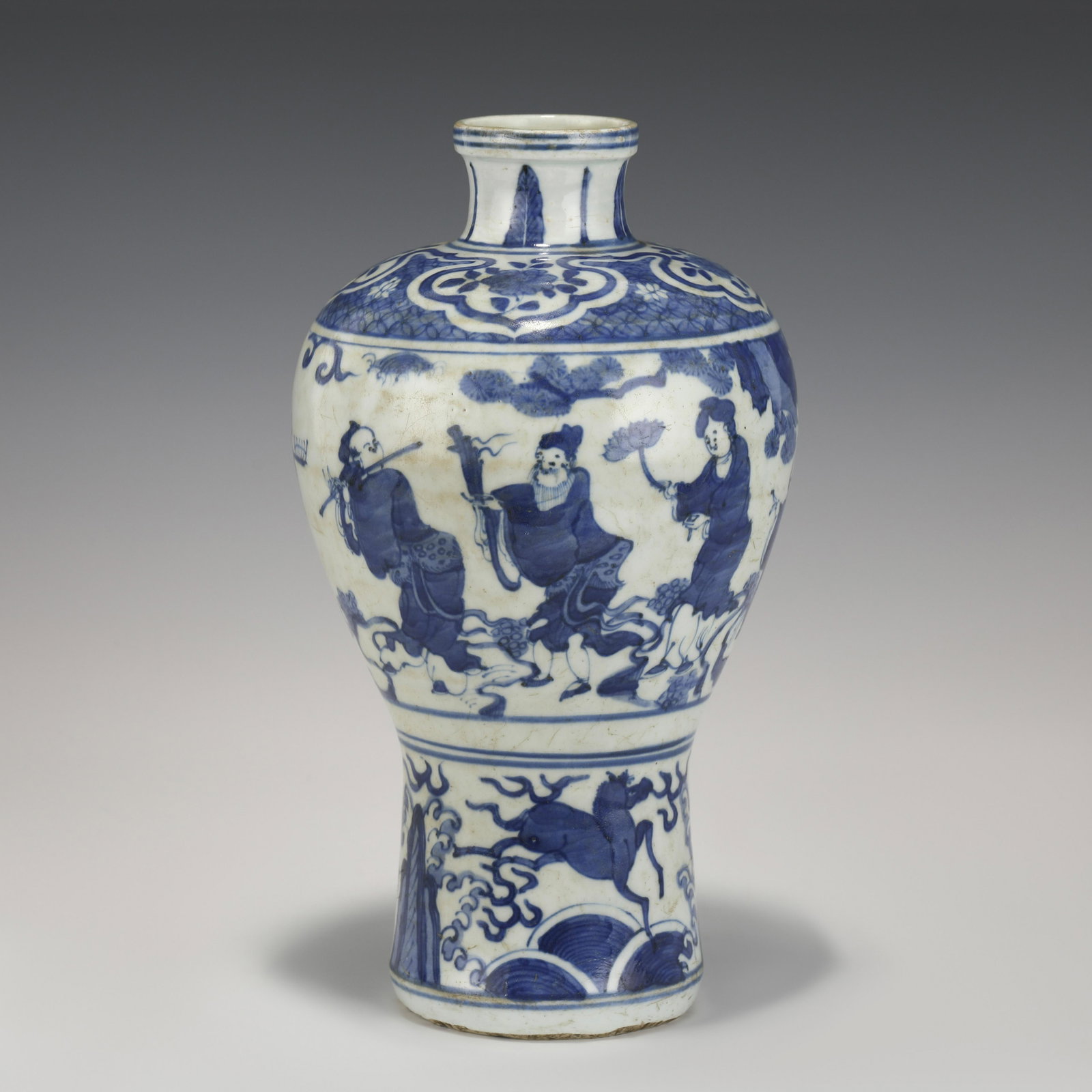 MING BLUE & WHITE MEIPING JAR: Dimensions: Width: 14cm, Height: 26cm Chinese Ming Dynasty Blue and White Porcelain Meiping Jar. The porcelain potted into a traditional Meiping form, large, thick and tall potted, wide body on should