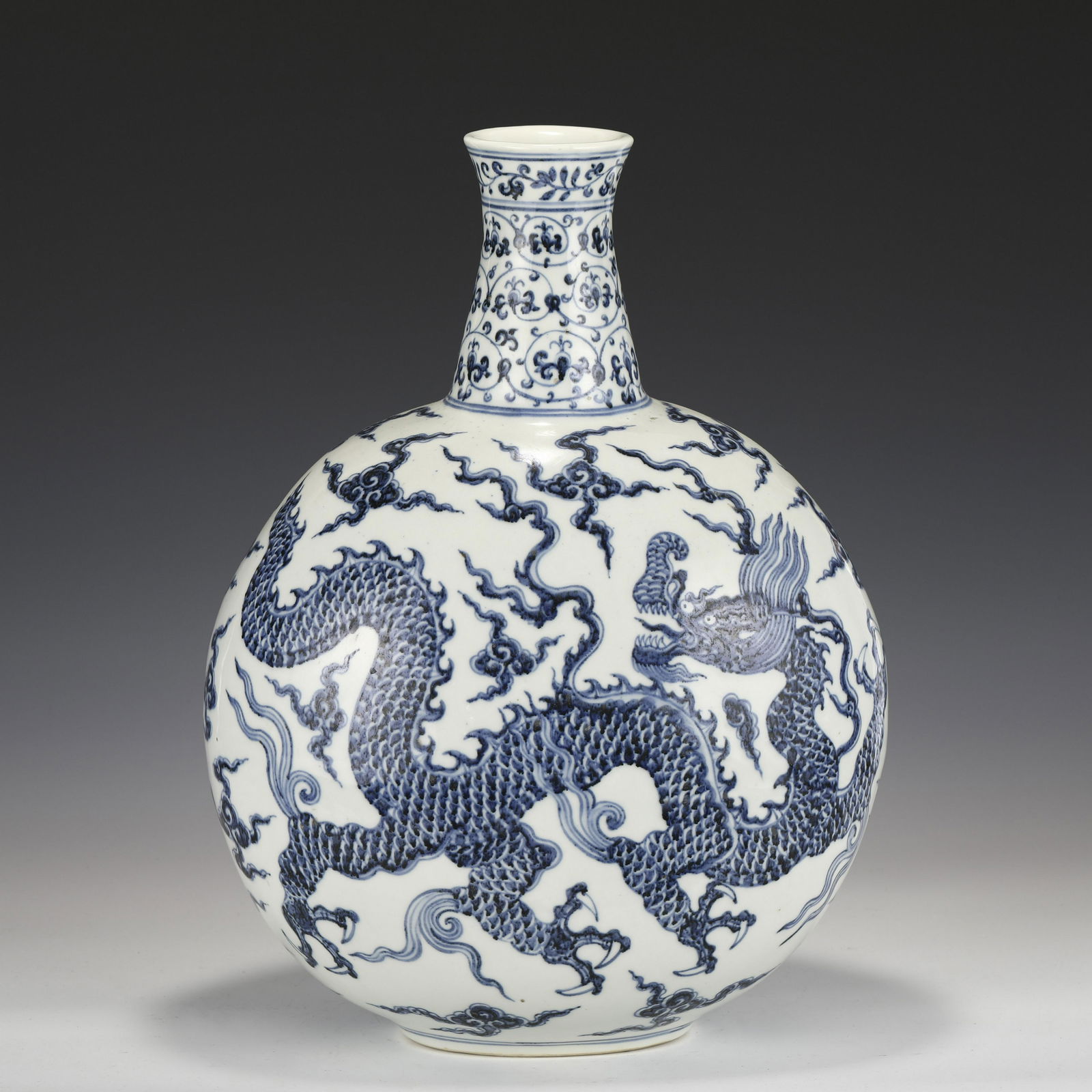 MING BLUE & WHITE DRAGON FLAT VASE (1 of 9)