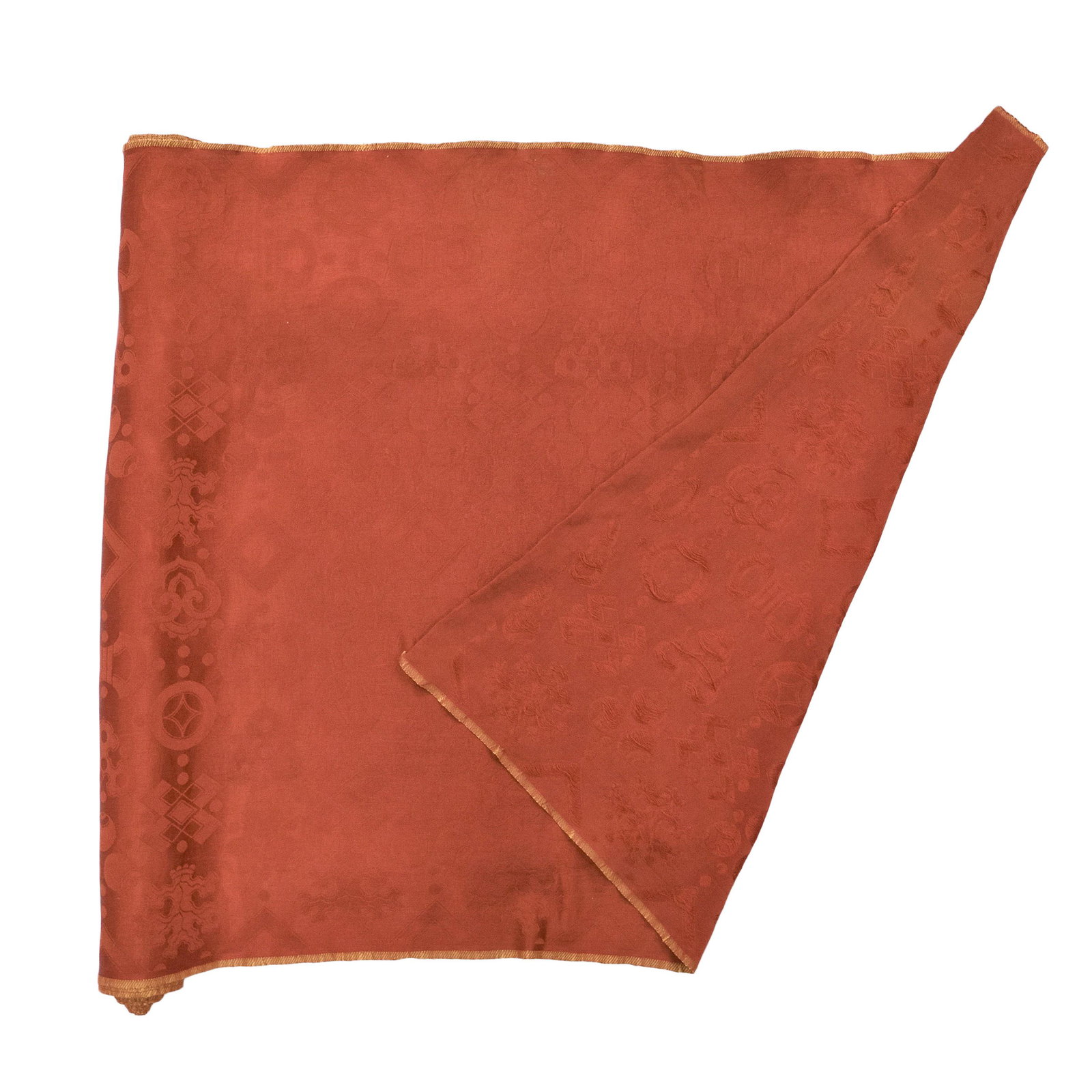 CHINESE WOVEN RED SILK ROLL IN BAJIXIANG MOTIF: Dimensions: Height: 296 1/2" Width: 31" Chinese Qing Dynasty Woven Silk Roll, Expertly weaved with metallic weft threads of Bajixiang, The Eight Buddhist Emblems motif, all reserved in red ground silk