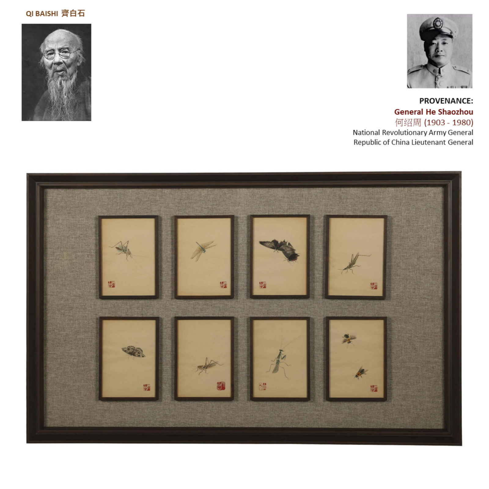 QI BAISHI 齐白石 FRAMED OCTUPLETS: Artist(s): Qi Baishi 齊白石 (1864 - 1957) Mounted and framed, Octuplets Panels, ink and color on paper Painting (Sight): (EACH) Length: 19.3 cm, Width: 13.3 cm Signed/Seal(s): Each b