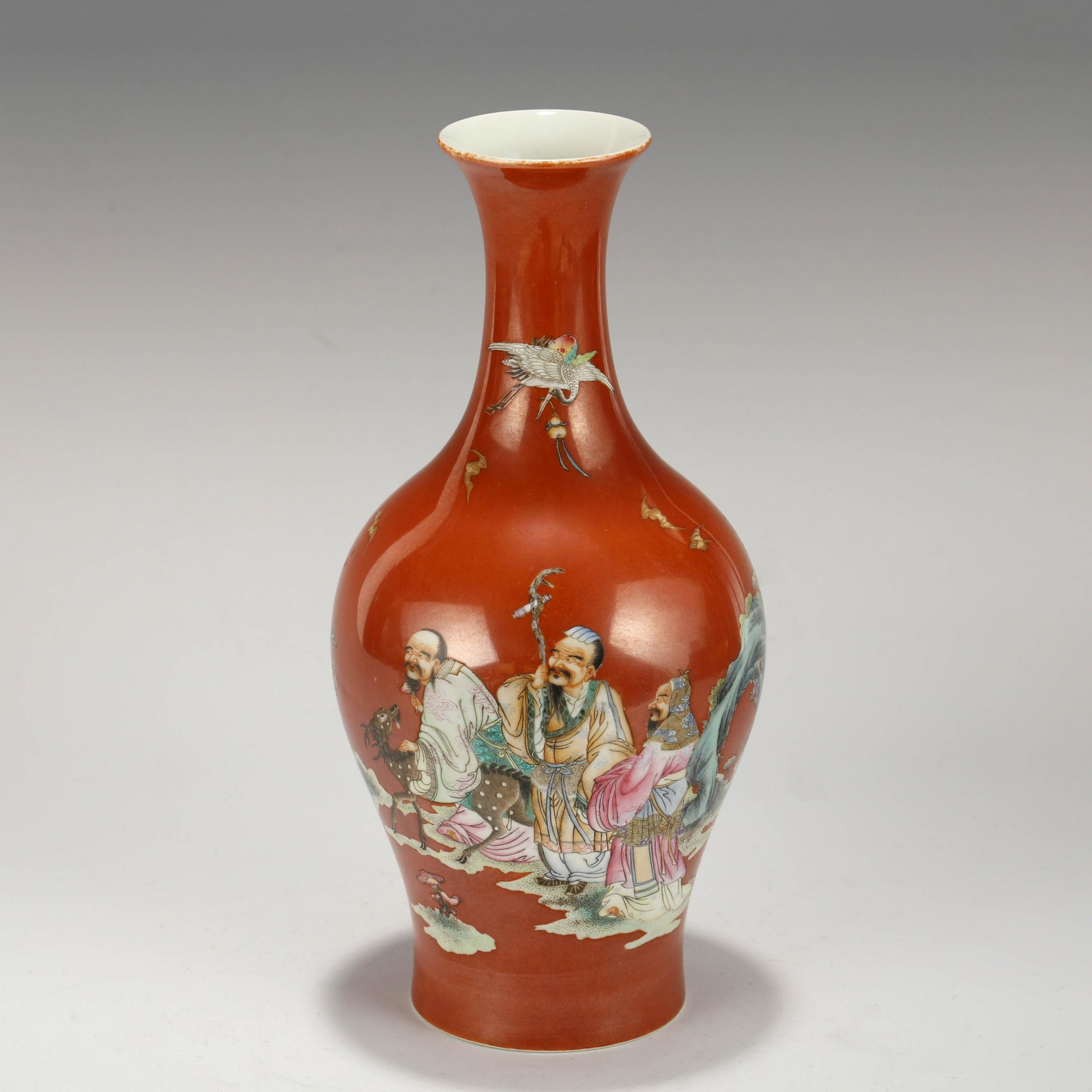 YONGZHENG FAMILLE ROSE RED BOTTLE: Dimensions: Height: 28 Diam.: 12 Chinese Qing Dynasty Yongzheng Famille Rose Elders Porcelain Bottle Vase. The porcelain potted in shape vase, thick and tall, globular body, heavy on shoulder, cylindr