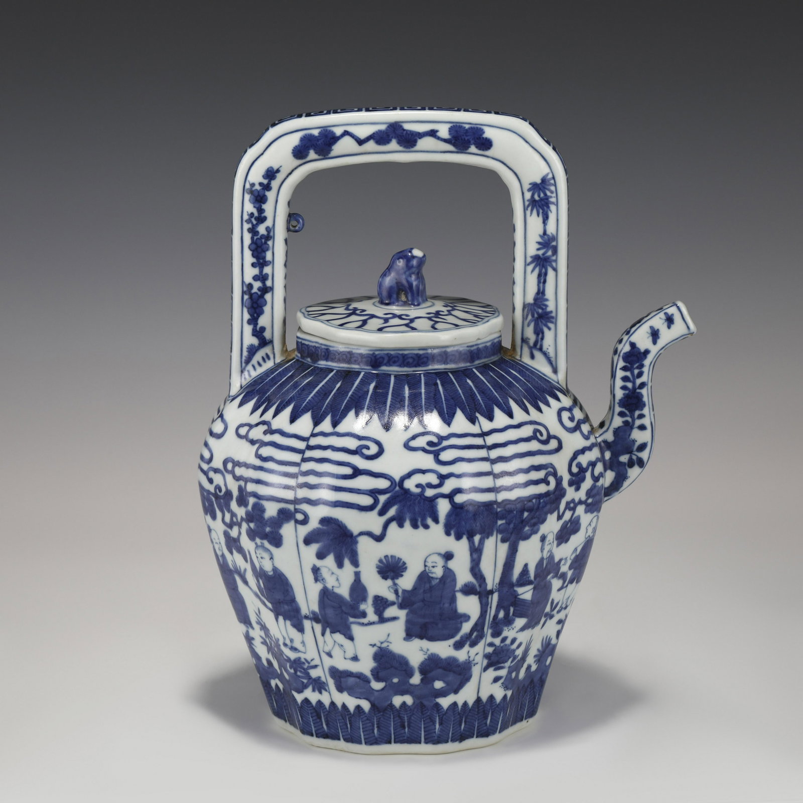 MING JIAJING BLUE & WHITE JAR: Dimensions: Length: 23 Width: 18cm, Height: 30cm Chinese Ming Dynasty Jiajing Blue and White Porcelain Pot. Potted in pot shape, globular body with curve spout flanked on the mid belly outward at the 