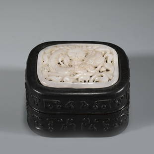 CHINESE ZITAN & WHITE JADE INLAID TRINKET BOX: Dimensions: Length: 10cm, Width: 8cm, Height: 6.5cm Chinese Qing Dynasty Zitan and White Jade Inlaid Lidded Trinket Box. Carved unto slightly flattened square box, with rounded each corner wide