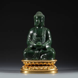 GREEN JADE SHAKYAMUNI BUDDHA STATUE ON GILT BRONZE STAND: Dimensions: Length: 11.5cm, Width: 7cm, Height: 17.5cm Chinese Green Jade Buddha Shakyamuni Statue On Carved Gilt Bronze Stand. Jade Shakyamuni Buddha standing amongst five buddha, sitting in the