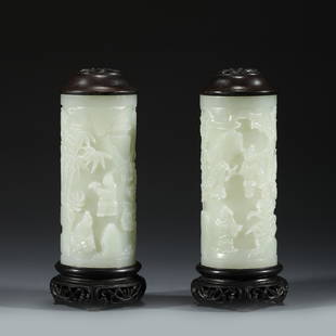 PAIR OF WHITE JADE PLUM ORCHID BAMBOO & CHRYSANTHEMUM AROMATHERAPY: Dimensions: Width: 4.4cm, Height: 10cm Pair Of Chinese Qing Dynasty White Jade Bamboo and Chrysanthemum Aromatherapy. The jade carved into cylindrical body, tall and thick, round mouth rim with