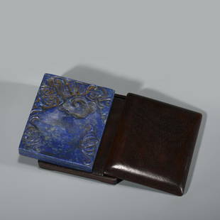 LAPIS LAZULI INKSTONE IN BOX: Dimensions: Length: 9cm, Width: 7.5cm, Height: 1.4 cm, Weigth: 277g Chinese Qing Dynasty QianLong Lapis Lazuli Inkstone with Original Hardwood Box. Carved in slightly flattened round box,