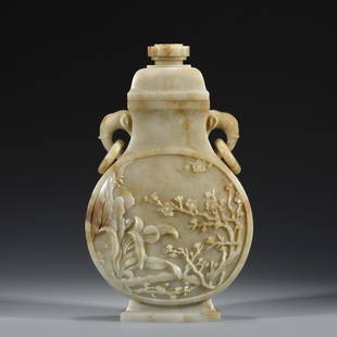 LARGE CHINESE CARVED JADE LIDDED VASE: Dimensions: Length: 18cm, Width: 6.5cm, Height: 30cm Chinese Qing Dynasty Period Khotan Jade large Bottle. The nephrite carved into a jade bottle vase , rectangle mouth rim with reverse dome lid