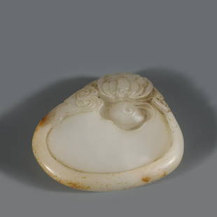 CARVED WHITE JADE INKSTONE: Dimensions: Length: 7.8cm, Width: 7cm, Height: 2 cm, Weigth: 170g Chinese Qing Dynasty Period White Jade Inkstone. The jade carved into a slightly flattened round pot, thick potted, deep curvature,