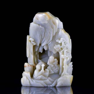 18/19TH C CHINESE GRAYISH CELADON JADE SAGE AND GROTTO: Dimensions: 188.8mm H x 130.6mm WWeight: 2512.3g 18/19th C Chinese Nephrite jade is finely carved in high relief with the seated sage and attendant, beneath the shading tree and rock formation. The