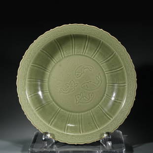 MING LONGQUAN CELADON SCALLOPED RIM CHARGER: Dimensions: Width: 44.2cm, Height: 11cm Chinese Ming Dynasty Longquan Porcelain Plate. The plate has a broad wide central interior, rounded mouth lip, thick and large, raised on correspondence