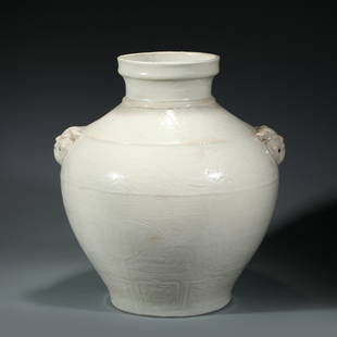 YUAN TIANBAI GLAZE AMPHORA VASE: Dimensions: Width: 37cm, Height: 38cm Chinese Yuan Dynasty Tianbai Glaze Porcelain Vase. The porcelain potted in tall shape vase, having baluster shaped body, large and thick deep, round mouth lip