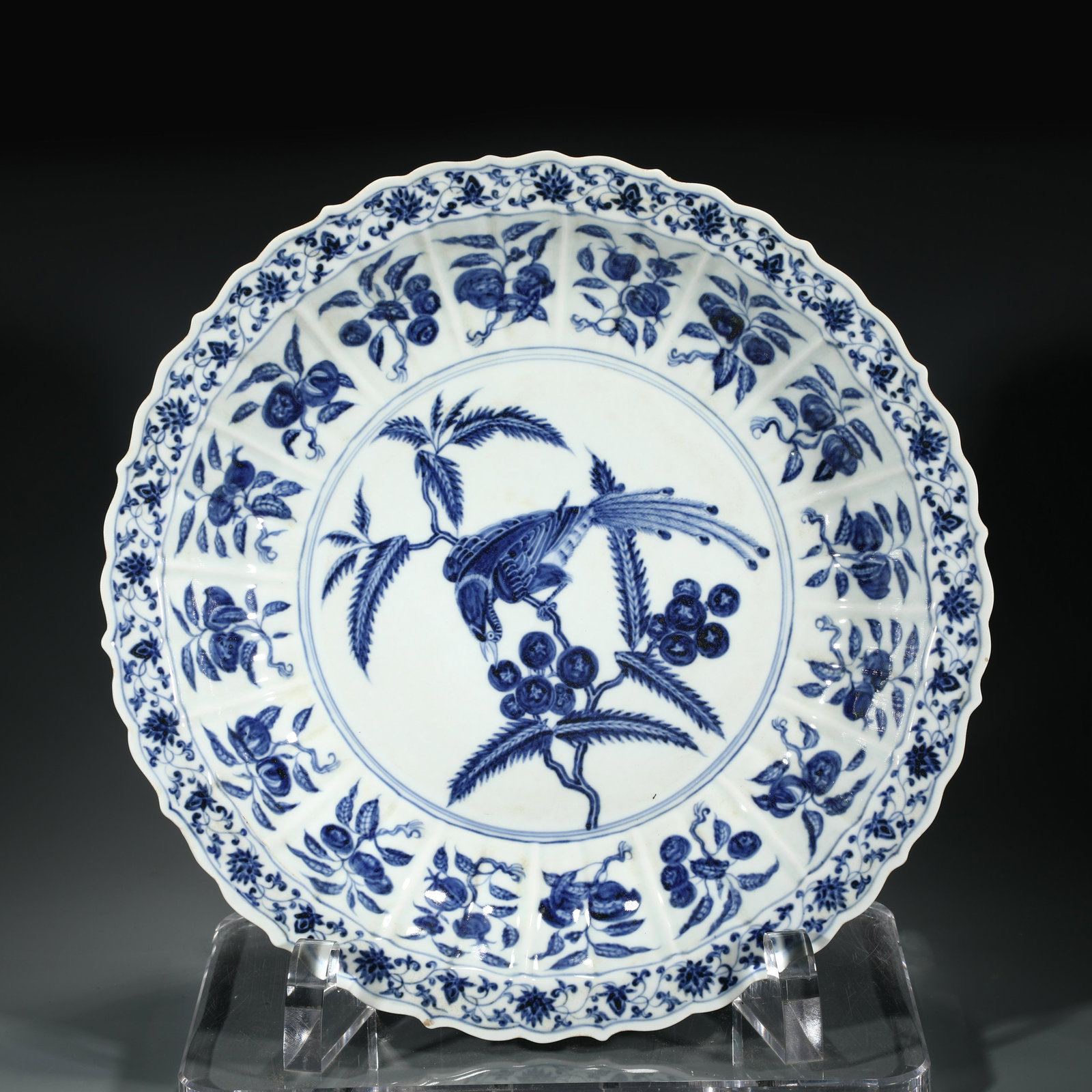 MING BLUE & WHITE SCALLOPED RIM CHARGER: Dimensions: Width: 42cm, Height: 7cm Chinese Ming Dynasty Blue and White Porcelain Plate. The plate has a broad wide central interior, rounded mouth lip, thick and large, raised on correspondence foot