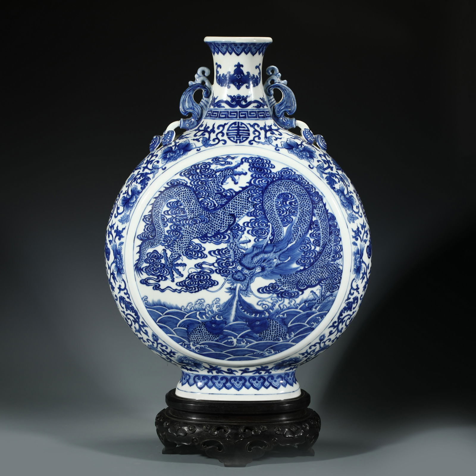 QING BLUE & WHITE LANDSCAPE MOON VASE ON STAND (1 of 10)