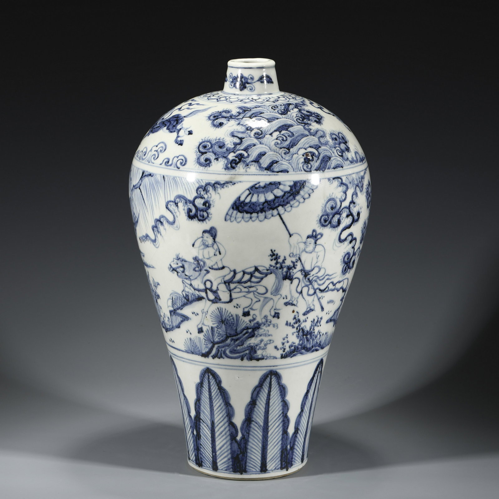 MING BLUE & WHITE FIGURINES MOTIF MEIPING JAR: Dimensions: Width: 22cm, Height: 44cm Chinese Ming Dynasty Blue and White Porcelain Meiping Vase. The porcelain potted into a traditional Meiping form vase, large, thick and tall potted, wide body on 