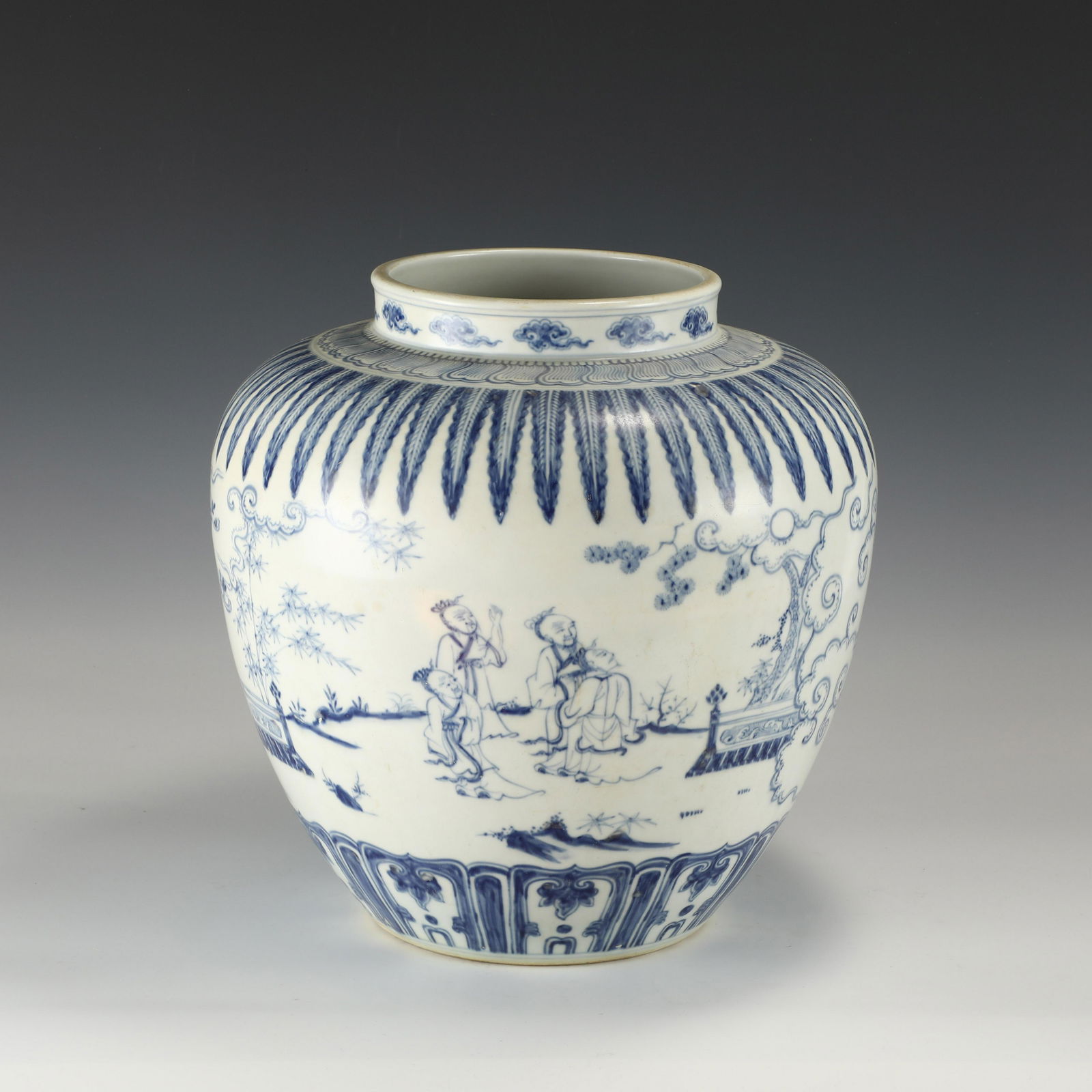 QING DYNASTY BLUE AND WHITE FIGURE JAR (1 of 10)