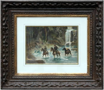 EDWARD BOREIN (1872-1945) â€œCOWBOYS ON HORSEBACK&rdquo; WATERCOLOR ON PAPER 9.75 X 13.75