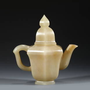 CHINESE JADE LIDDED TEA POT: Dimensions: Length: 14cm, Width: 8.8cm, Height: 15.5cm Chinese Qing Dynasty Jade lidded tea pot. The jade carved into pot shape, thick, large and tall, hexagonal body with curved spout flanked on