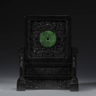 CHINESE CARVED GREEN JADE TABLE SCREEN: Dimensions: Length: 20.3cm, Width: 11.3cm, Height: 25.3cm Chinese Qing Dynasty Green Jade Table Screen Fitted On Original Hardwood Frame Stand. Carved in huge rectangle table screen with hardwood