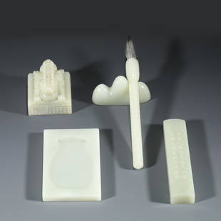 SET OF 5 PCS OF WHITE JADE SCHOLAR ORNAMENTS: Dimensions: Length: 10.2cm, Width: 6.4cm, Height: 1cm Set Of Chinese Qing Dynasty White jade Scholars Ornaments. Comprising rectangle white jade ink stone, long thin rectangle paperweight, Brush pot