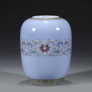 QING BLUE GROUND FLOWER WINTER MELON JAR: Dimensions: Width: 9.5cm, Height: 13cm Chinese Qing Dynasty Qianlong Blue Ground Flower Porcelain Winter Melon Jar. The porcelain potted with a shallow body, slight deep, ovoid globular body, close