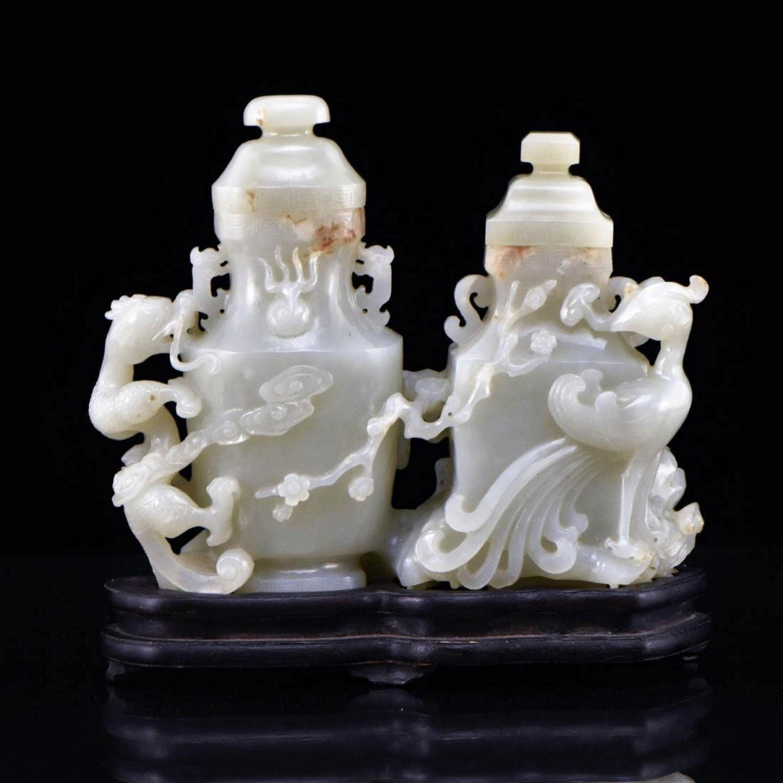 CARVED JADE COVERED URNS OF DRAGON AND PHOENIX (1 of 8)