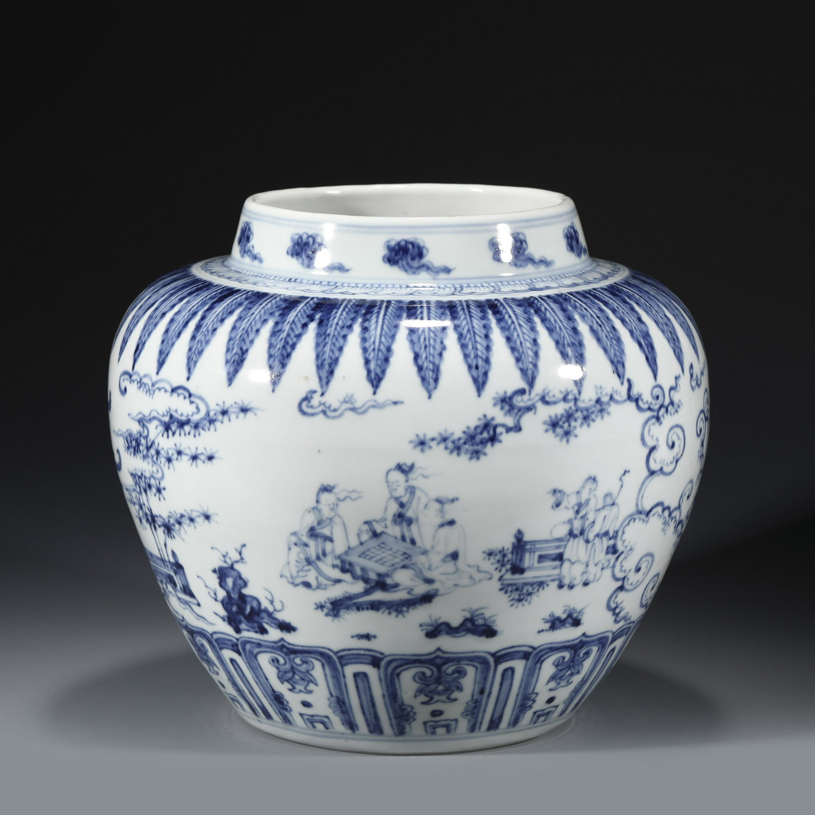 MING BLUE & WHITE IGURINES MOTIF JAR: Dimensions: Width: 22cm, Height: 29cm Chinese Ming Dynasty Blue and White Porcelain Jar. Potted in jar shape, has an wide open mouth with a slightly out-turned lip, and the short neck leads to a conve