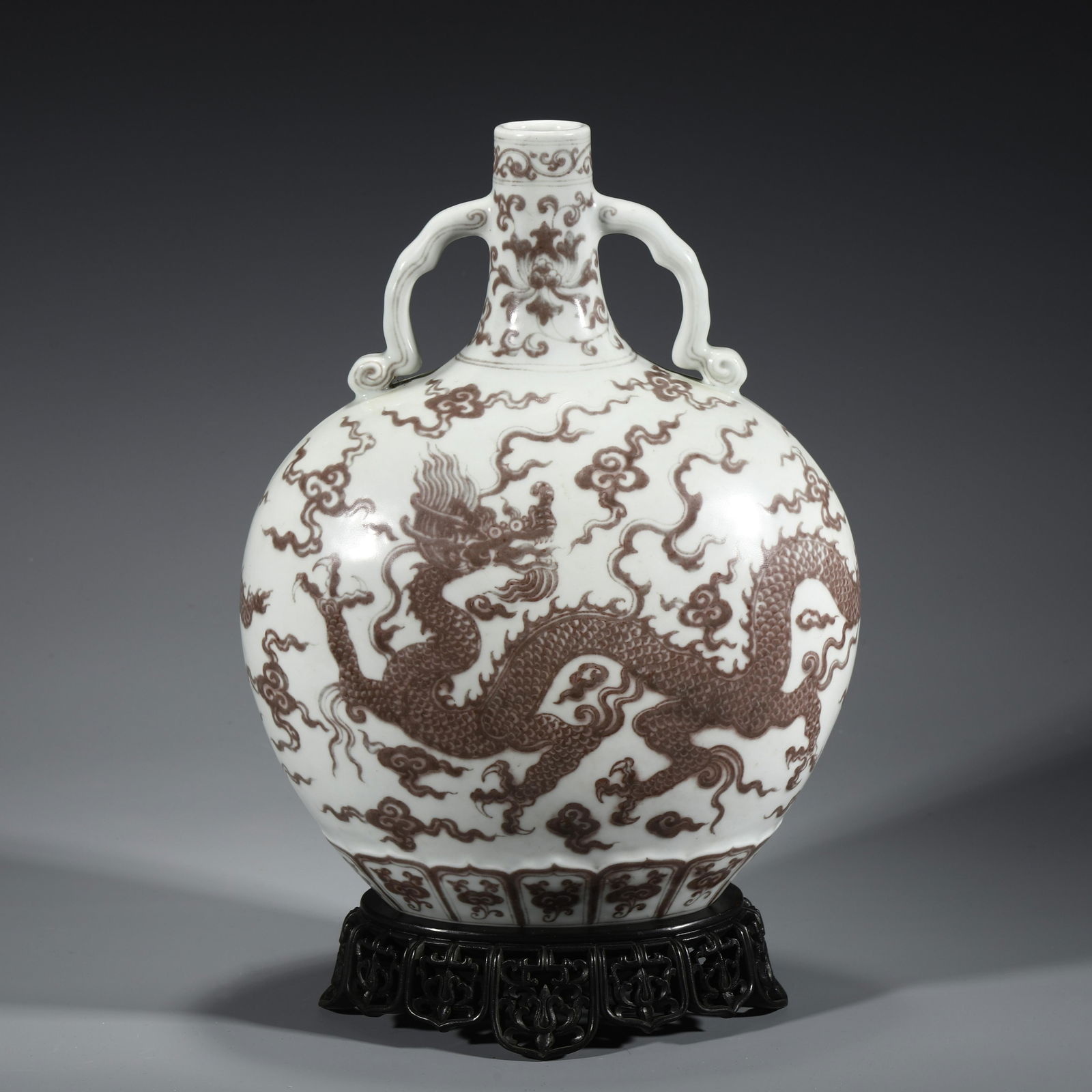 MING UNDERGLAZE RED DRAGON MOON VASE ON STAND (1 of 10)