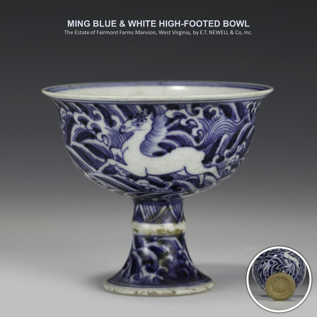 MING BLUE & WHITE HIGH-FOOTED BOWL: Dimensions: Width: 8cm, Height: 7cm Chinese Ming Dynasty Blue and White Horse Porcelain High Bowl On Carved Hardwood Stand. The porcelain potted with a shallow body, slight deep, thick, flaring rim wi