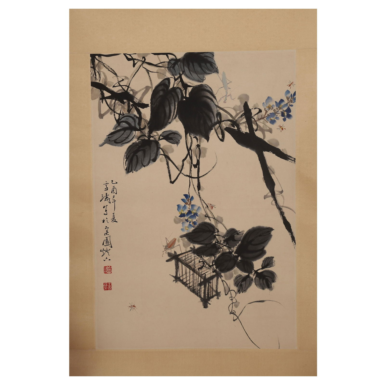 CHINESE CRICKET & WISTERIA PAINTING SCROLL: Dimensions: Height: 64 cm, Width: 43cm Chinese Traditional Painting Scroll, depicted cricket amidst wisteria blooms. Shows artist signature marks, Wang xuetao, and themed poems.