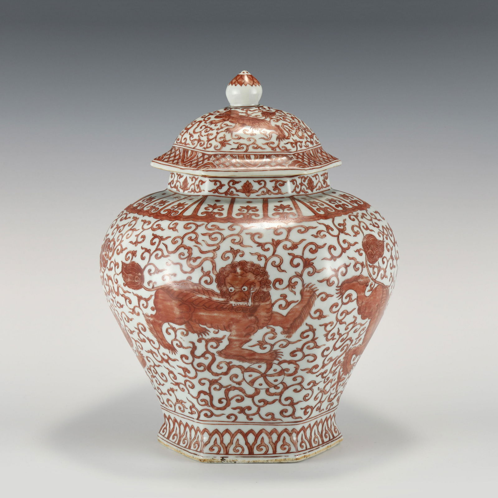 MING DYNASTY ALUM RED LION ENTWINED LOTUS SIX-SQUARE LID JAR (1 of 9)