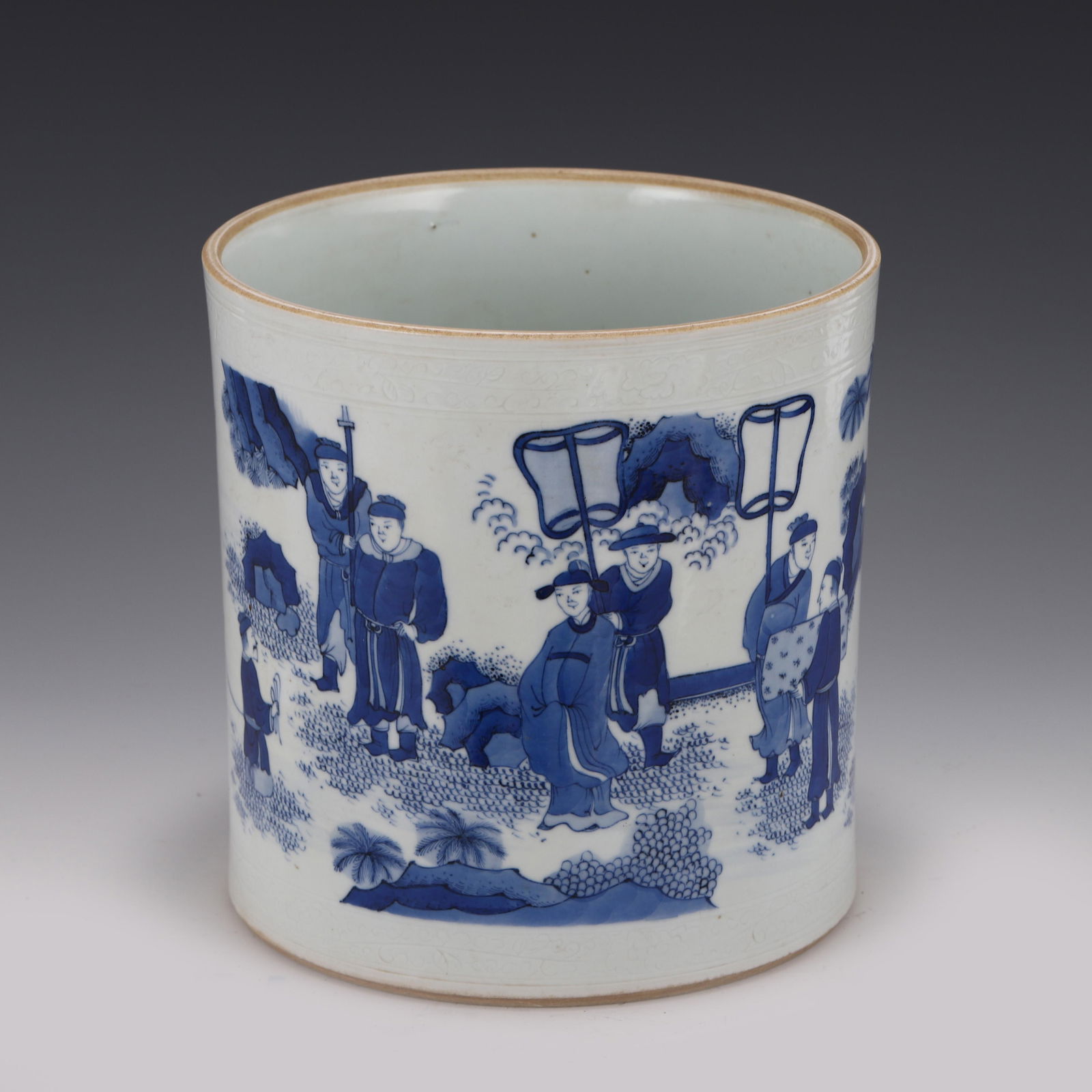 MING BLUE & WHITE FIGURIAL LANDSCAPE BRUSH POT (1 of 9)
