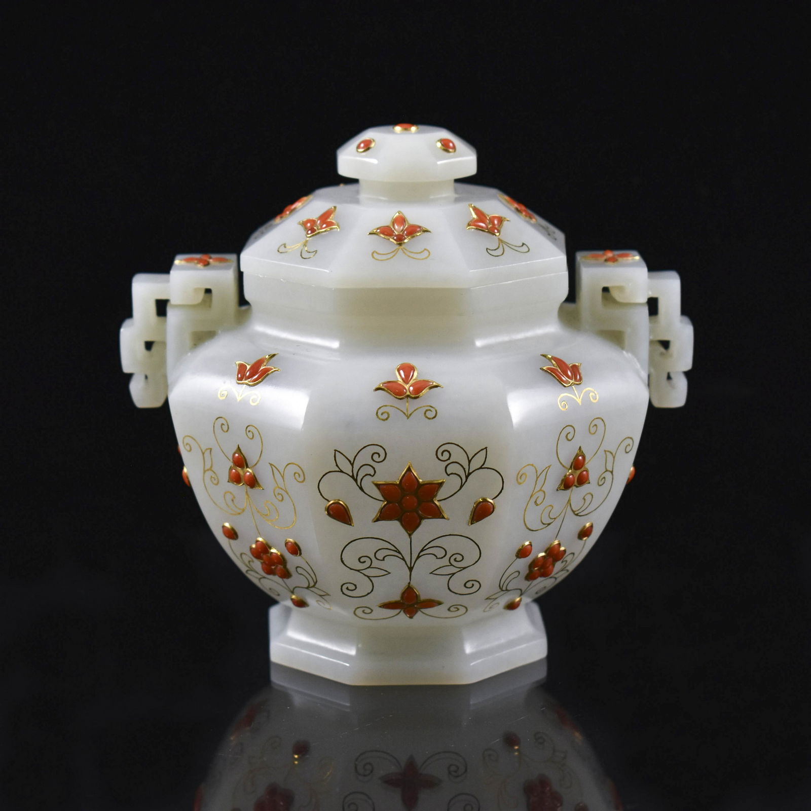 STONES INLAID JADE LIDDED OCTAGONAL CENSER (1 of 11)
