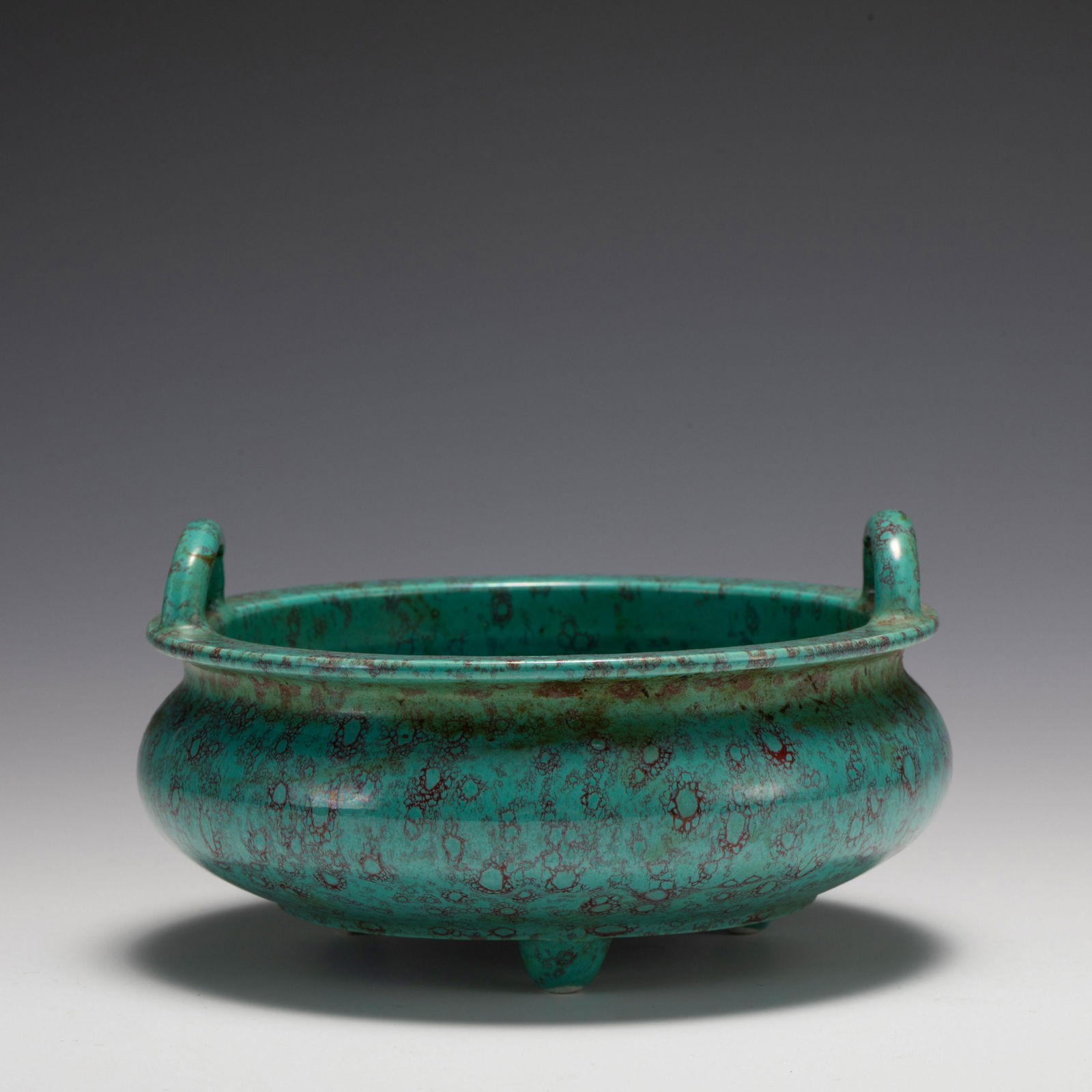 QING QIANLONG LU JUN GLAZED INCENSE BURNER: Dimensions: Width: 14.3 cm x Heigth: 8 cm Chinese Qing Dynasty QianLong Lujun Glazed Porcelain Incense Burner. Potted in shallow vessel form, heavy and deep, emerging U shape flanked on the short neck