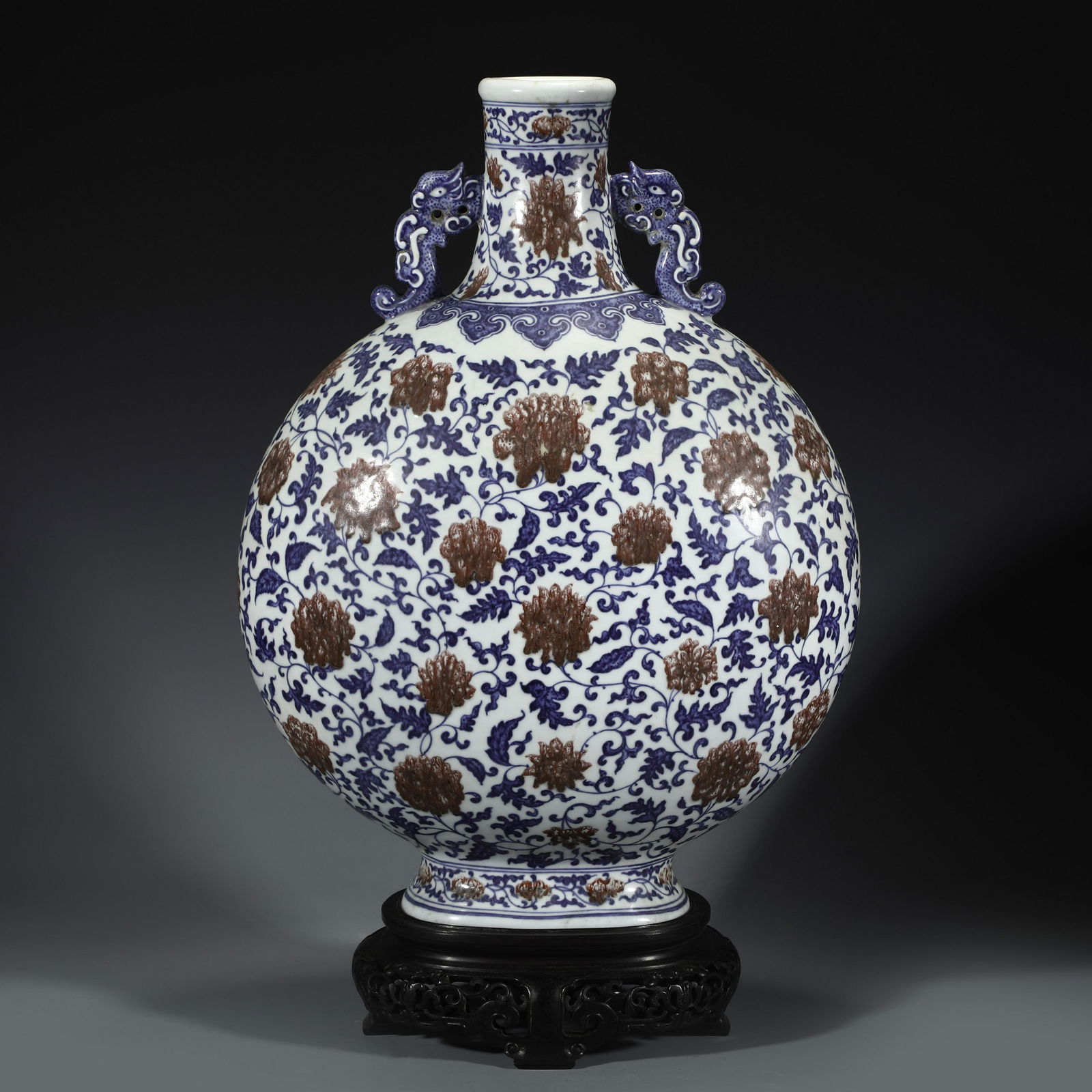 QING BLUE WHITE & RED MOON VASE ON STAND (1 of 10)