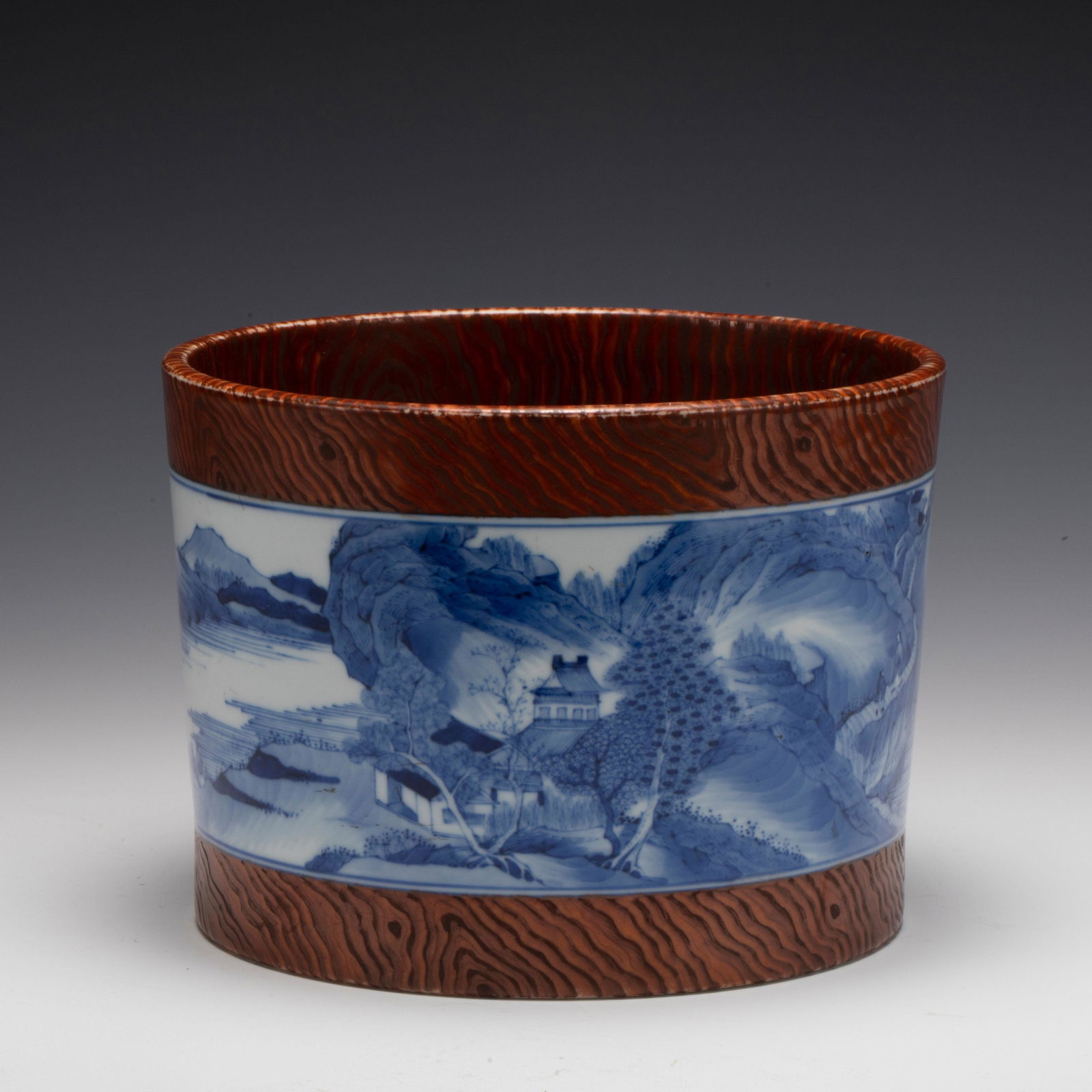 QING YONGZHENG BLUE & WHITE WOOD GRAIN BRUSH POT (1 of 9)