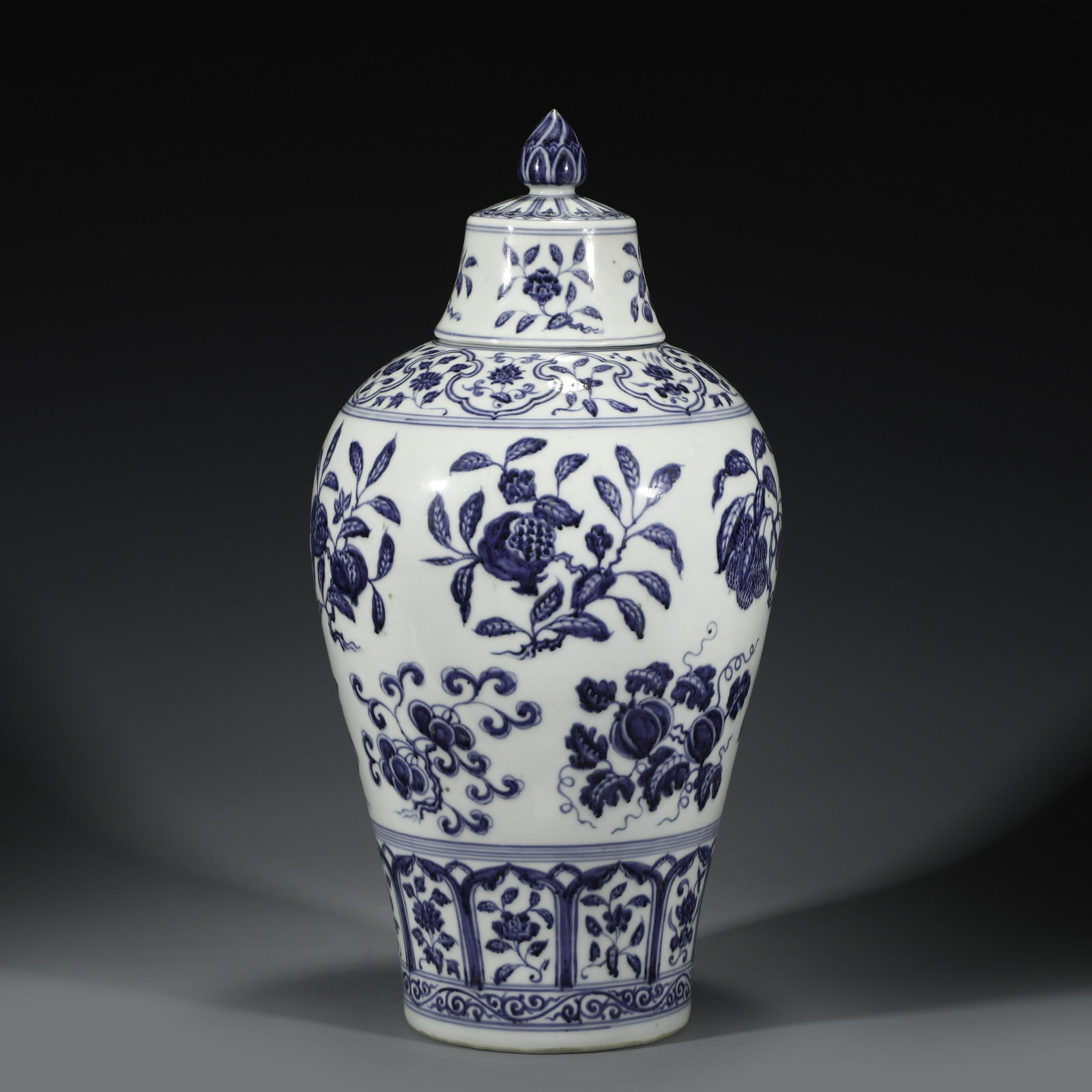 MING BLUE & WHITE LIDDED MEIPING JAR: Dimensions: Width: 20cm, Height: 41cm Chinese Ming Dynasty Blue and White Porcelain Meiping Vase. The porcelain potted into a traditional Meiping form vase, large, thick and tall potted, wide body on 