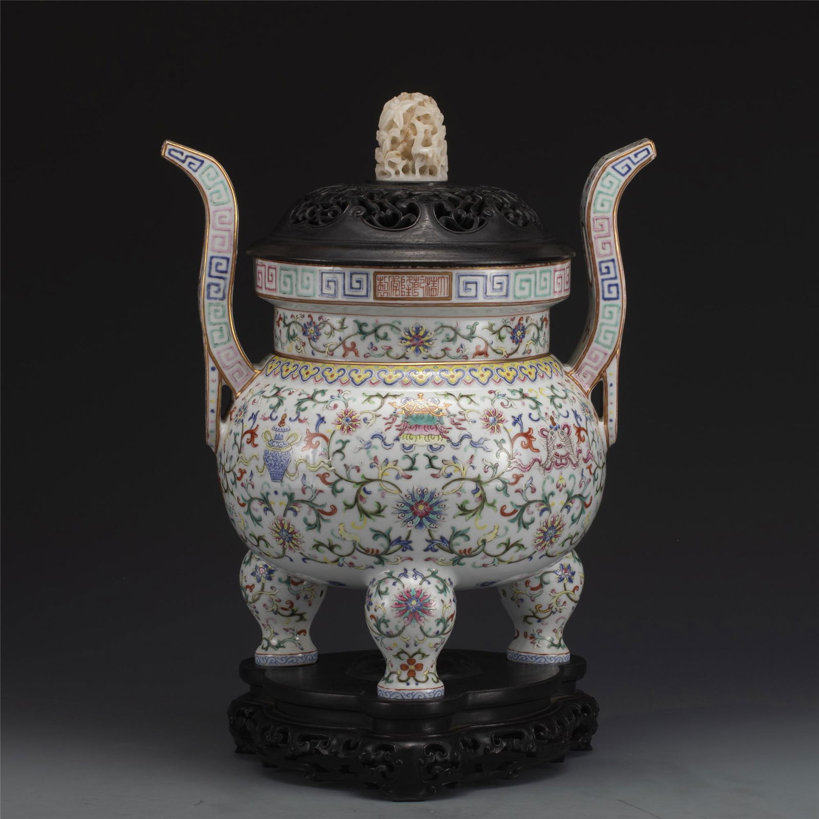 QING FAMILLE ROSE LARGE PORCELAIN INCENSE BURNER ON STAND (1 of 9)