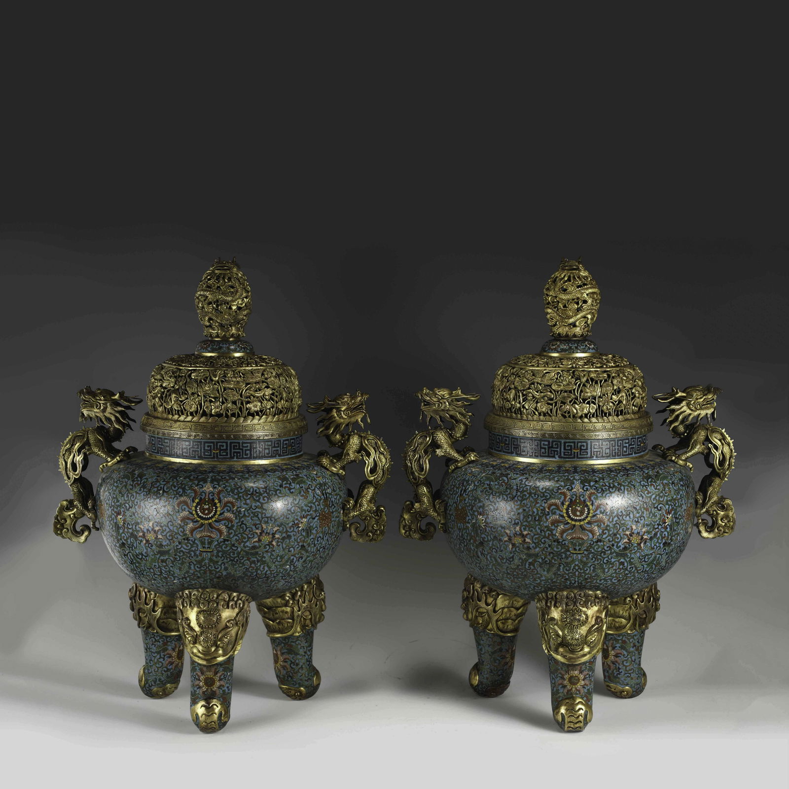 PAIR QING GILT BRONZE CLOISONNE LARGE INCENSE BURNERS (1 of 13)