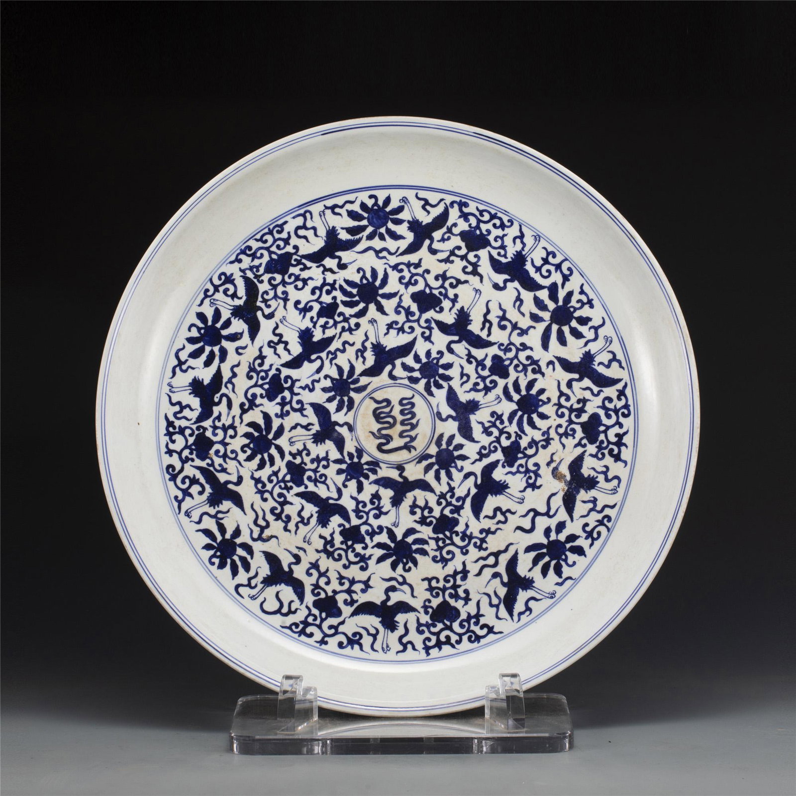 MING JIAJING BLUE & WHITE CRANES PLATE: Dimensions: Width: 63.5cm, Height: 9.7cm. Chinese Ming Dynasty Blue and White Cranes Porcelain Plate. The plate has a broad wide central interior, round rim, thick and large, raised on correspondence 