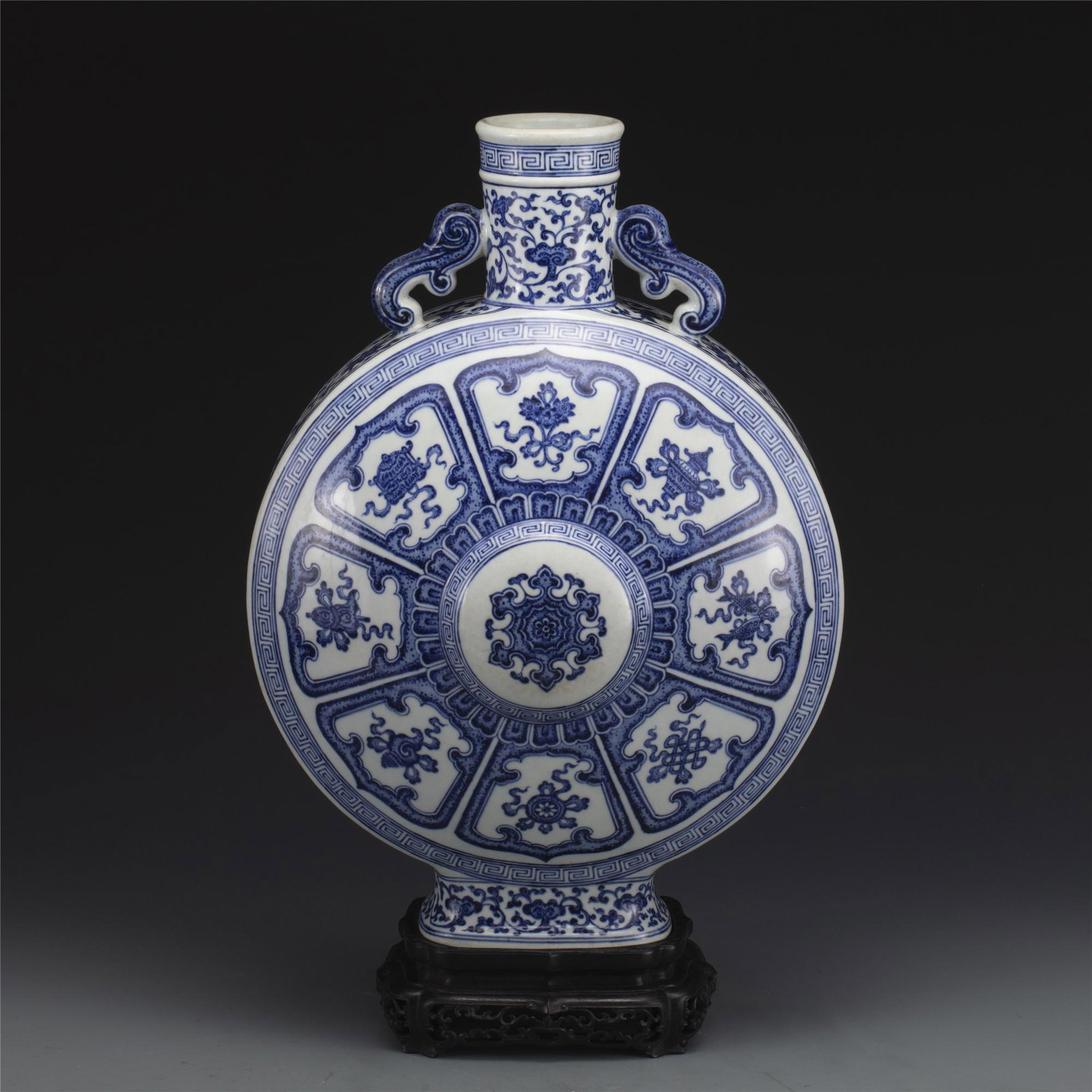 QING BLUE & WHITE FLOWER PETAL MOON VASE ON STAND (1 of 10)