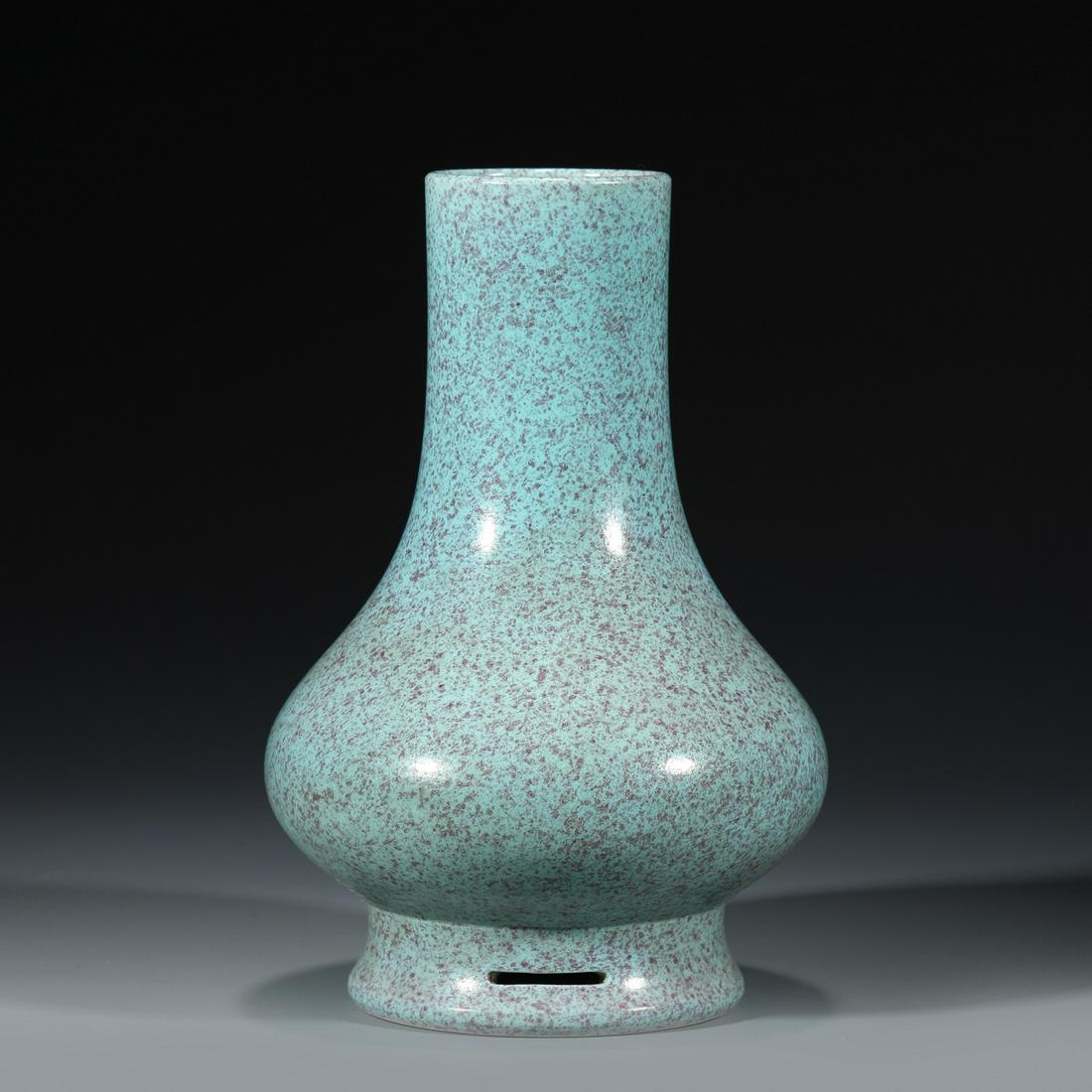 QING LU JUN GLAZED VASE: Dimensions: Width: 13.5cm, Height: 21cm Chinese Qing Dynasty QianLong Lu Jun Porcelain Vase. Potted in celestial shape vase, thick and tall, globular lower body, tapered gracefully toward straight tal