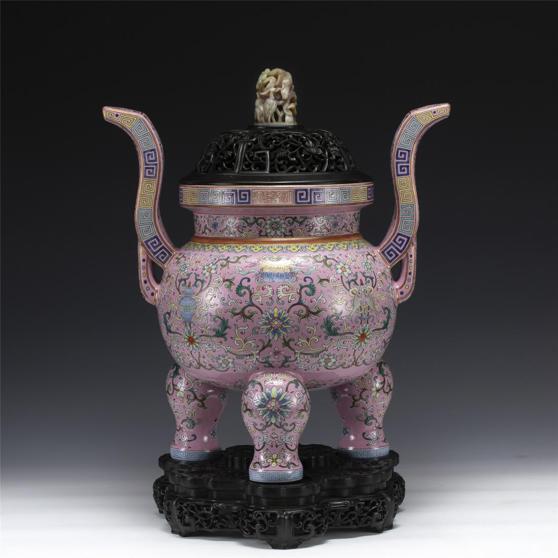 QING QIANLONG ENAME LLIDDED INCENSE BURNER ON STAND (1 of 9)