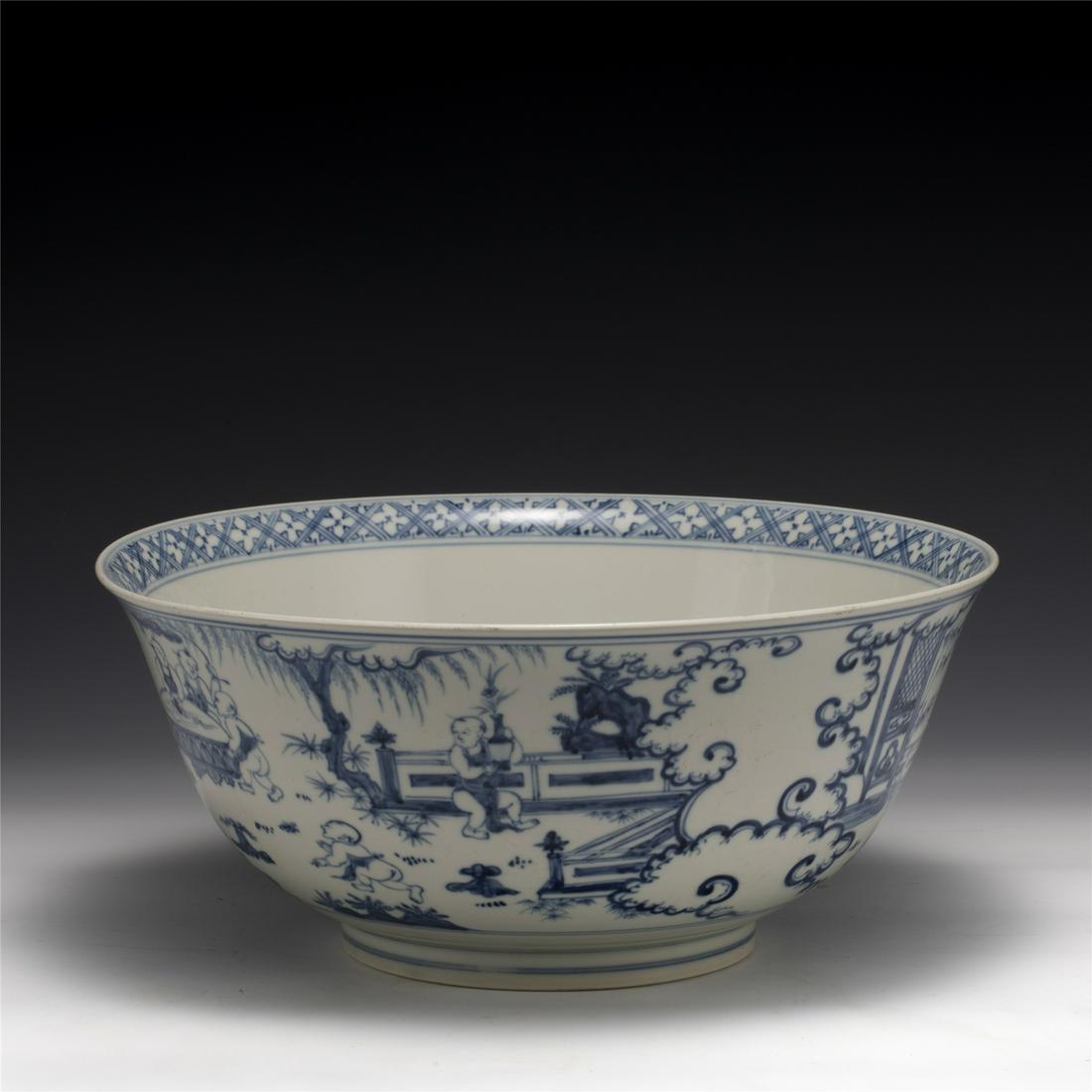 MING CHENGHUA BLUE & WHITE PORCELAIN BOWL.: Dimensions: Width: 32.5 cm, Height: 14 cm Chinese Ming Dynasty Chenghua Blue and White Porcelain Bowl. The porcelain potted in a shallow, slight deep, round close mouth rim, raised on ring foot base. 