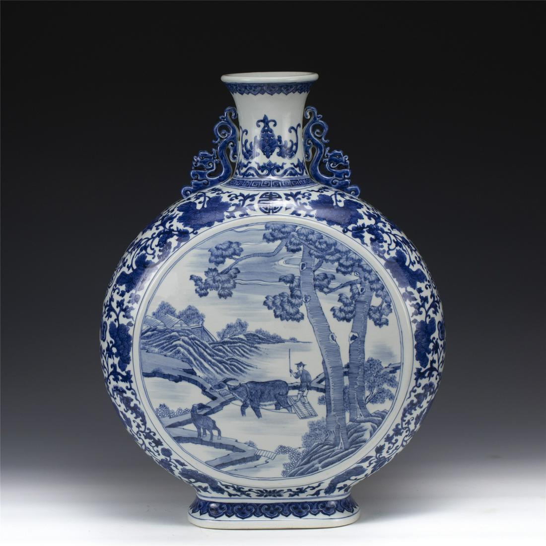 QING YONGZHENG BLUE & WHITE MOON VASE: Dimensions: Length: 44.5 cm, Width: 21.8 cm, Height: 58.5 cm Chinese Qing Dynasty Yongzheng Blue and White Porcelain Moon Vase. Potted in moon vase, thick and tall, globular moon lower belly, straight