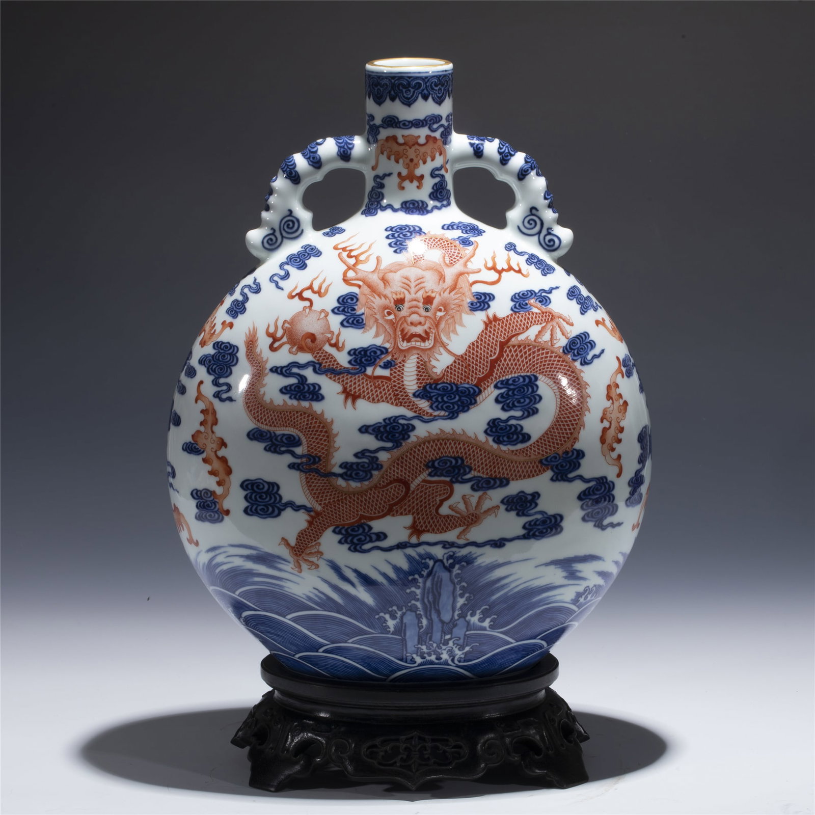 QING YONGZHENG BLUE & WHITE ALUM RED MOON BOTTLE VASE (1 of 11)