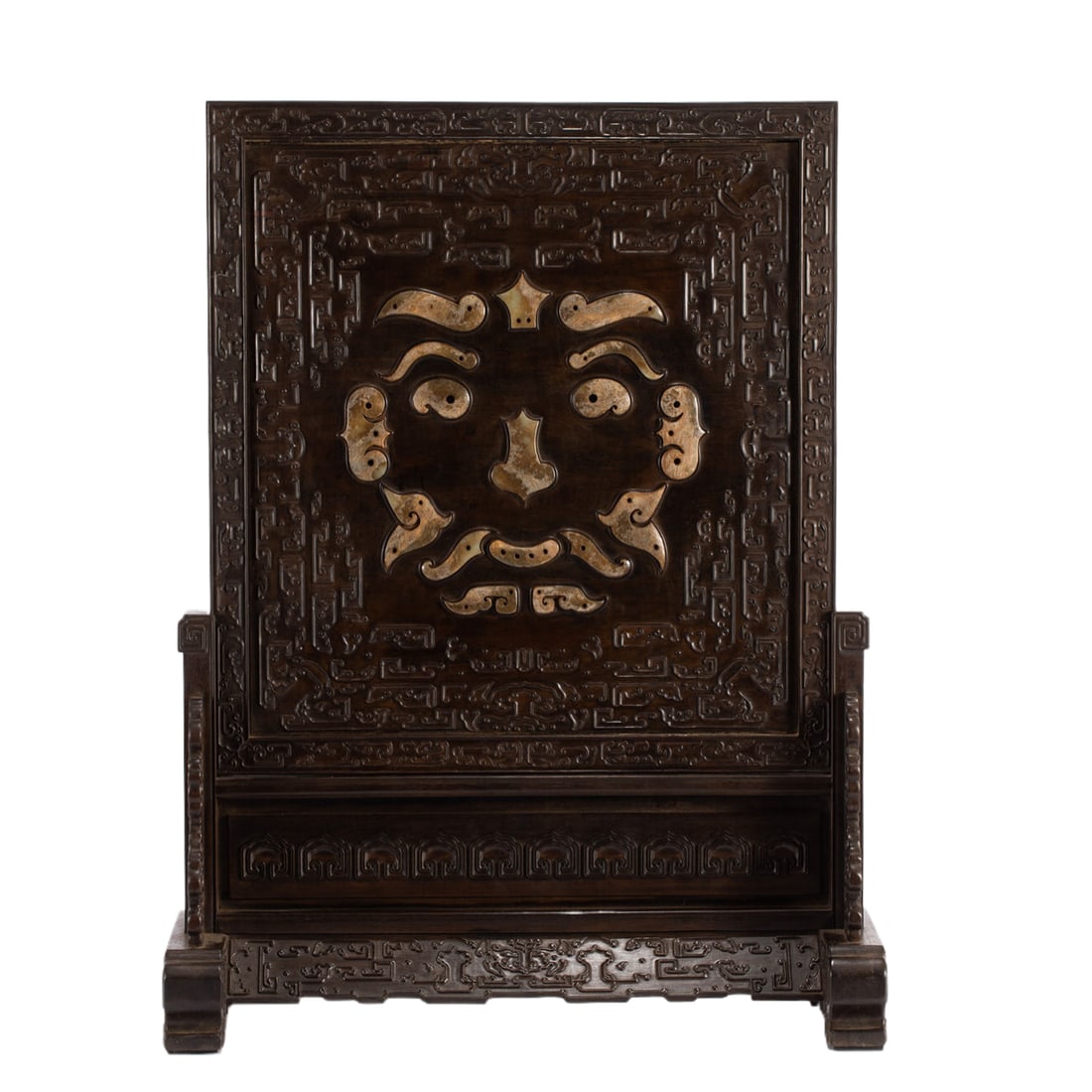 CHINESE TAOTIE MASK JADE INLAID ZITAN TABLE SCREEN (1 of 11)