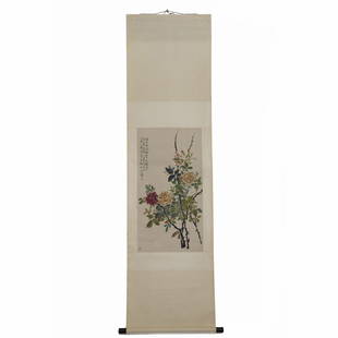 XU BEIHONG FLOWER SCROLL PAINTING: Dimensions: (Sight Only/Painting View Only)Width: 43.5 cm, Height: 83 cm Xu Beihong Flower Chinese Traditional Scroll Painting