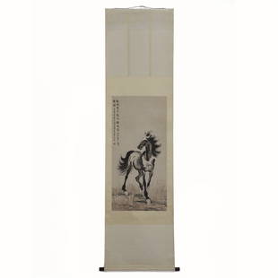 XU BEIHONG HORSE SCROLL PAINTING: Dimensions: (Sight Only/Painting View Only)Width: 49 cm, Height: 102 cm Xu Beihong Horse Chinese Traditional Scroll Painting